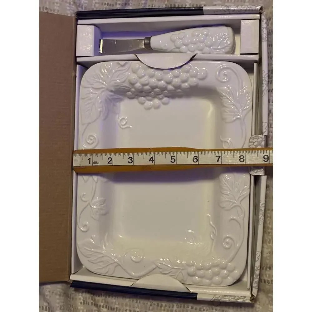 Vintage CIB White Porcelain Cheese Tray with Spreader  Embossed Grapevine Design